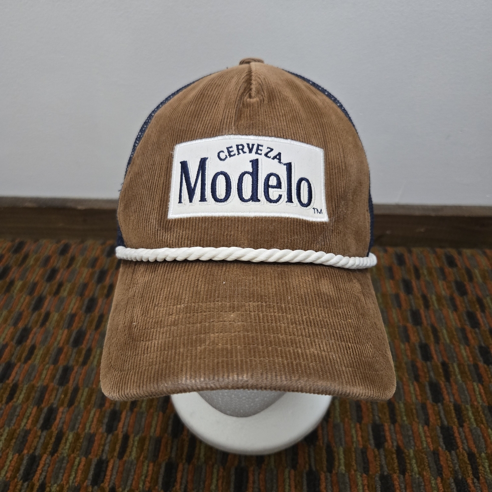 Modelo Cerveza Corduroy Trucker Hat Brown Navy Snapback Rope Strap Beer Logo Cap